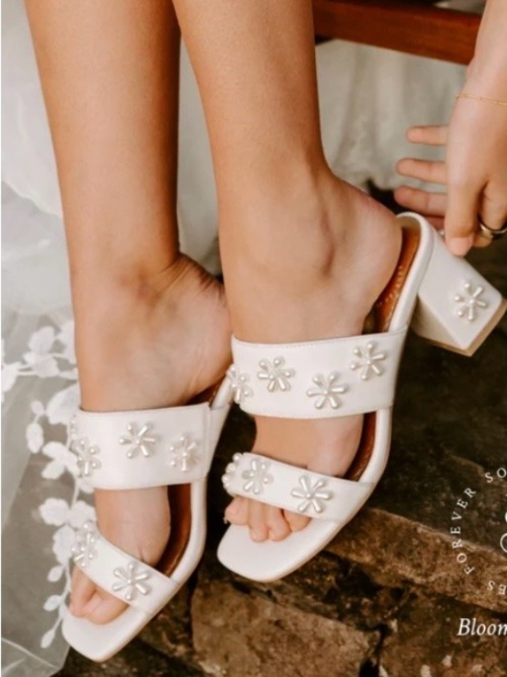 Forever Soles, Floral Pearl-Embellished Block Heel Sandals, Size 37